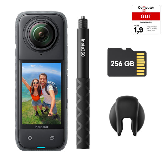Insta360 X4 Auf Geht's-Kit – wasserdichte 8K 360°-Action-Cam, 4K Weitwinkelvideos, Unsichtbarer Selfie-Stick Effekt, Abnehmbarer Linsenschutz, 135 min Akkulaufzeit, KI-Bearbeitung, Stabilisierung