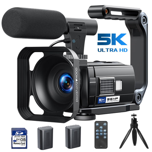Videokamera 5K, 56MP Camcorder Vlogging Kamera für YouTube, WiFi Nachtsicht 3" 270° drehbarer Touchscreen Webcam Cam corder, Video Camera mit 64GB Karte, Fernbedienung, Mikrofon, 2 Batterien, Stativ