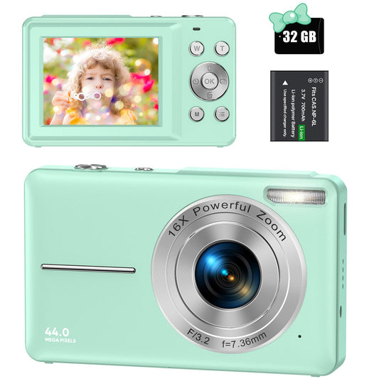 Digitalkamera 44MP 1080P FHD Fotokamera Kompaktkamera 16X Digitalzoom Fotoapparat mit 32GB Speicherkarte, Digital Kamera für Kinder, Teenager, Anfänger, Jungen, Mädchen(Grün)