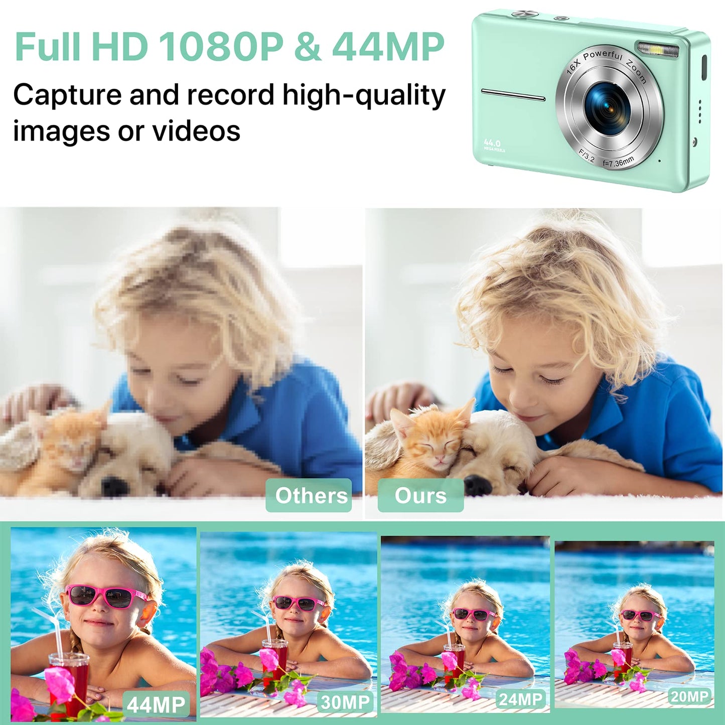 Digitalkamera 44MP 1080P FHD Fotokamera Kompaktkamera 16X Digitalzoom Fotoapparat mit 32GB Speicherkarte, Digital Kamera für Kinder, Teenager, Anfänger, Jungen, Mädchen(Grün)