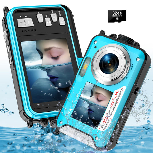 Unterwasserkamera, YISENCE UHD 4K 56MP Autofocus Digitalkamera wasserdichte mit Einer 32GB Karte Selfie Doppelte Bildschirme wasserdichte Kamera zum Schnorcheln