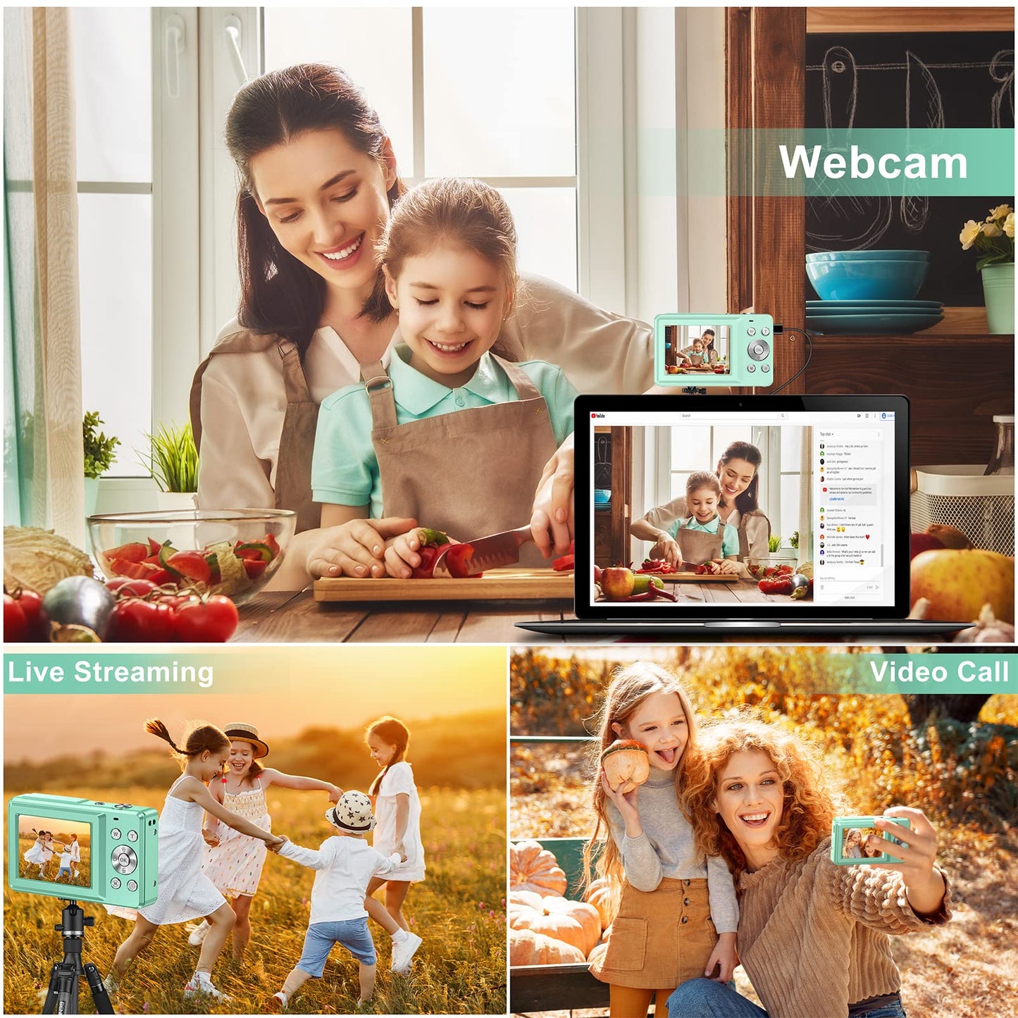 Digitalkamera 44MP 1080P FHD Fotokamera Kompaktkamera 16X Digitalzoom Fotoapparat mit 32GB Speicherkarte, Digital Kamera für Kinder, Teenager, Anfänger, Jungen, Mädchen(Grün)