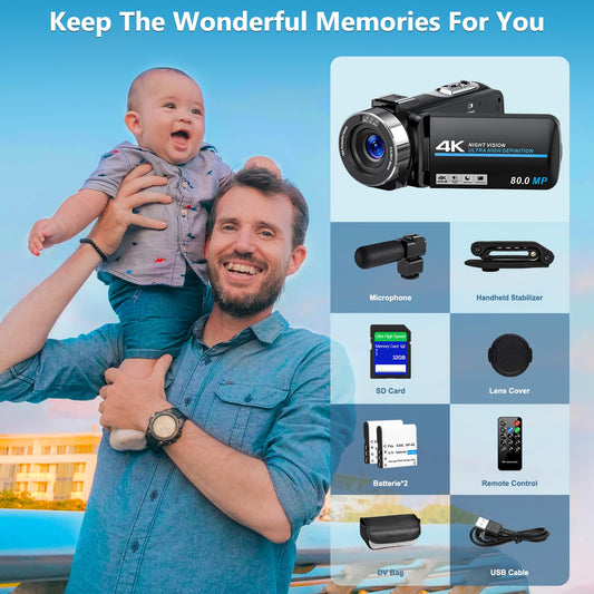 Videokamera 4K 80MP HD Camcorder für YouTube, 30FPS Webcam IR Nachtsicht Vlogging Kamera, 18X Digitalzoom 3,0 270°IPS Bildschirm Video Camera mit SD Karte, 2 Batterien, Fernbedienung, und Stabilisator