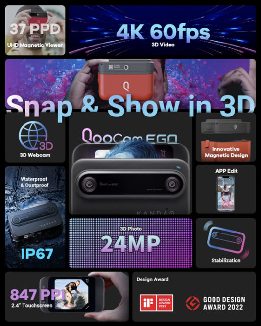 KanDao 3D Kamera, 3D Foto&Video Sofortbildkamera, Stereoskopische Kamera, 2.54" Touchscreen, Verwacklungsschutz Bildstabilisierung, QooCam EGO, Schwarz.