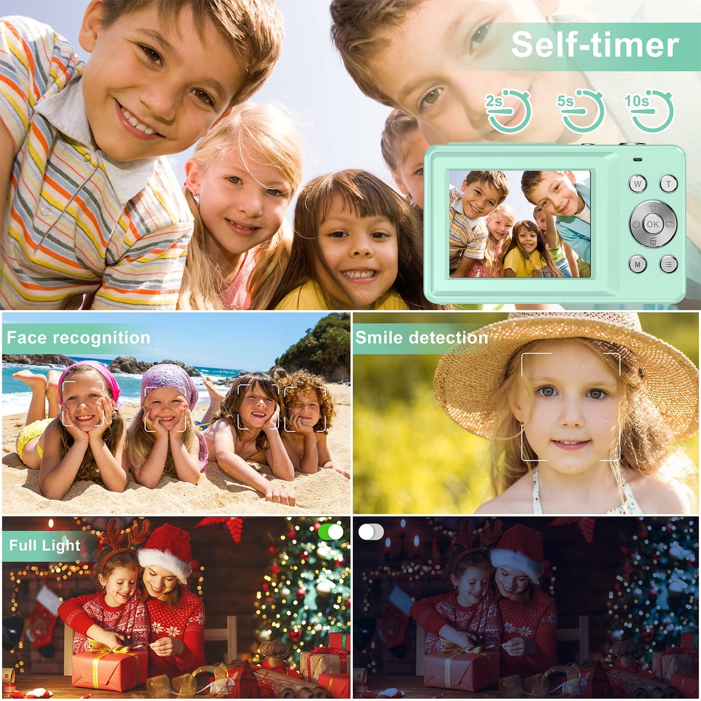 Digitalkamera 44MP 1080P FHD Fotokamera Kompaktkamera 16X Digitalzoom Fotoapparat mit 32GB Speicherkarte, Digital Kamera für Kinder, Teenager, Anfänger, Jungen, Mädchen(Grün)