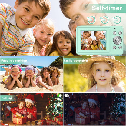 Digitalkamera 44MP 1080P FHD Fotokamera Kompaktkamera 16X Digitalzoom Fotoapparat mit 32GB Speicherkarte, Digital Kamera für Kinder, Teenager, Anfänger, Jungen, Mädchen(Grün)